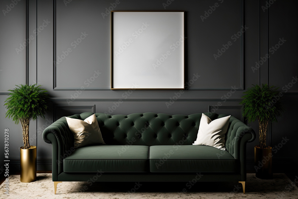 Aufkleber mock up of a poster in a room with a couch in a dark tone. generative ai