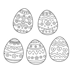 Collection of 5 easter eggs with beautiful cute ornament coloring page antistress black and white vector illustration isolated on white background. Easter eggs set. Easter prints, patterns.