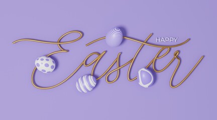 Happy Easter 3d gold lettering inscription. Easter decorative calligraphy on violet background