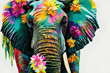 Colorful elephant with flowers. Generative AI digital illustration.