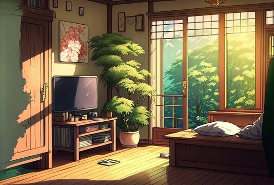 Japanese living room with a view of the garden. Generative AI