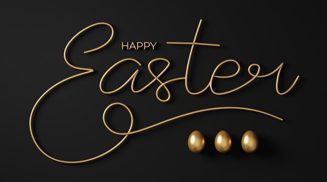 Happy Easter 3d gold lettering inscription. Easter decorative calligraphy