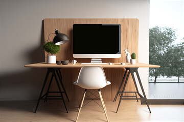 Architect photographer designer desktop concept, camera on wooden work desk with screen showing interior design project, scandinavian wooden japandi dining room idea, 3d illustration. Generative AI