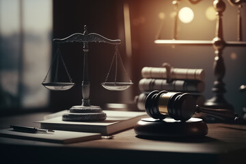 Wooden judges gavel on wooden table, scales of justice on desk in lawyer office. generative AI
