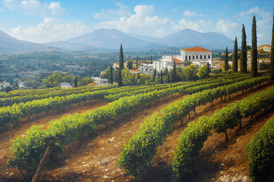 vineyards with mountains in the background and a small village made with Generative AI
