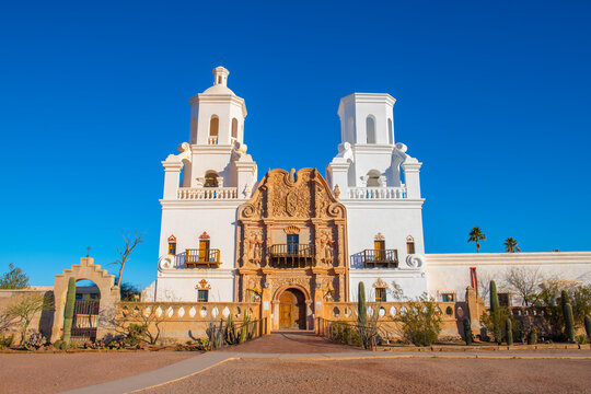 Mission San Xavier del Bac front facade in Tohono O'odham Nation Indian Reservation near city of Tucson, Arizona AZ, USA. 
