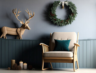 Wooden reindeer, Christmas gifts, armchair with plaid and mistletoe wreath near light wall with space for text. Generative AI