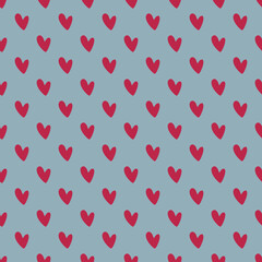 Hearts pattern. Endless ornament with red hearts on blue background. Romantic print. Vector illustration in retro colors.