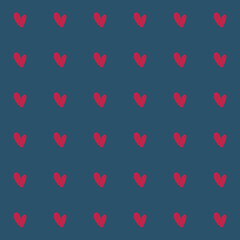 Fototapeta na wymiar Valentine's day pattern. Endless ornament with red hearts on blue background. Romantic print in dark colors. Vector illustration. 