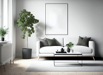 mock up of a poster showing a modern apartment with fashionable furniture in a Scandinavian setting. Generative AI