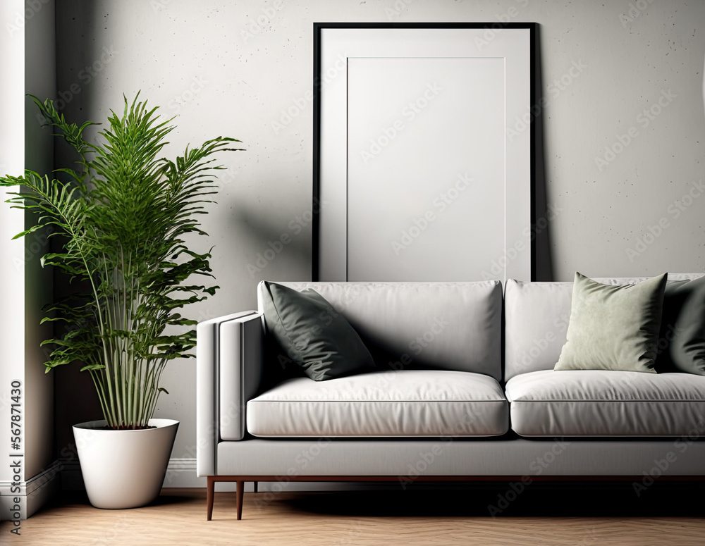 Poster mockup of a poster with a vertical frame standing on the floor in a living room with a sofa. generat