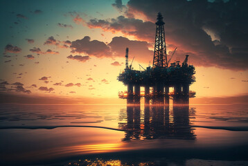 Industrial oil rig on calm ocean at sunset. Generative AI
