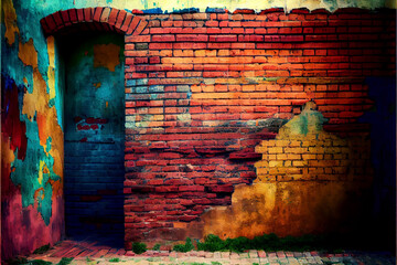 colorful Spanish style textured old brick walls and roses 