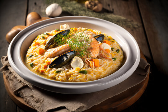 Delicious risotto alla pescatora, an Italian dish made with rice and a variety of shellfish. Generative AI