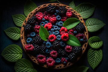 A low angle shot of a basket of berries, such as raspberries, blueberries, and blackberries, arranged in a visually interesting pattern, with a background of green leaves. Generative AI