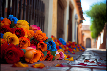 colorful Spanish style textured old brick walls and roses 