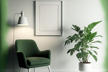 fake white poster frame hanging on the wall Leave room for text and design. with a green chair, a lamp, and plants. Generative AI