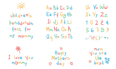 Children's handwritten colorful font. Template for congratulations mom. Greeting card for Happy Mother's Day. Curved letters handdrawn by child. Heart, flower. Sun with smiling face. English alphabet