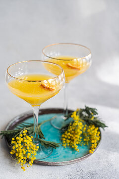 Close-up of two champagne mimosa cocktails with yellow mimosa flowers