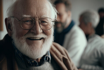 an old insecure smiling man close-up, fictional person in fictional place. Generative AI