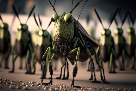 fictitious insect similar to grasshopper or locust as leader of an insect army. Generative AI