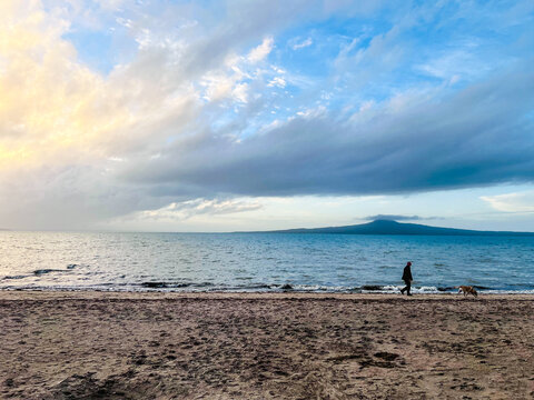 Silhouette of a man walking his dog on St Heliers Beach at sunset with Rangitoto Island in the distance, Auckland, North Island, New Zealand