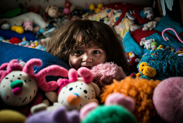 Fototapeta na wymiar happy child with too many toys cuddly toys. Generative AI