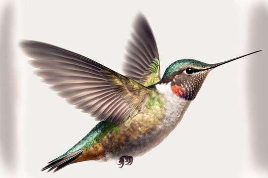 Flying female ruby throated hummingbird. Generative AI