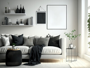 A chic composition of a comfortable living room interior is complete with a mock up poster frame, a painting of the space's structure, a corner sofa, a coffee table, textiles, and individual accessori