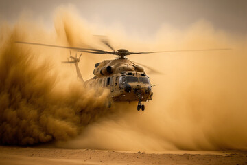 AMIANTOS, Cyprus JUNE 2, 2022 During the joint Cyprus Israel military exercise Agapinor 2022, an Israeli Sikorsky UH 60 Black Hawk helicopter takes off in thick dust clouds. Generative AI - obrazy, fototapety, plakaty