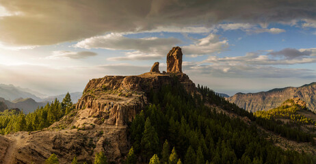 Roque Nublo sacred mountain at sunset, Roque Nublo Rural Park, Tejeda, Gran Canaria, Canary Islands, Spain