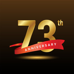 73th anniversary logo design with gold text and red ribbon. Logo Vector Illustration