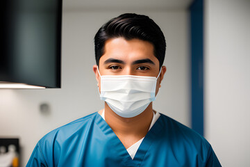 Fototapeta na wymiar a portrait photo of a Latino male Surgeon in outfit - Generative AI, fictitious person 