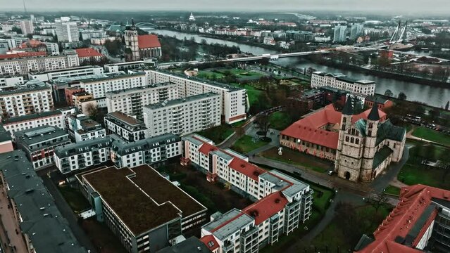 Drone shot revealing Kloster church (Klosterkirche) near Kunstmuseum Magdeburg - Kloster Unser Lieben Frauen (Kunstmuseum Magdeburg - Monastery Of Our Lady) Magdeburg, Germany