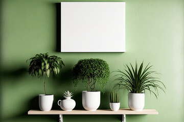 wall mockup with green plant,Green wall and shelf. . Generative AI
