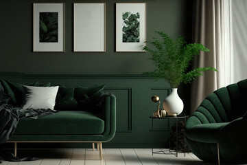 A simple interior space in a dark green tone with four picture frames on the wall, furniture, and plants is used to display posters. Generative AI
