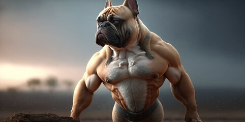 Fawn french bulldog or a frenchie dog is at the beach, Generative ai image of a pet dogs head on a bodybuilders muscular body at the beach.  - obrazy, fototapety, plakaty