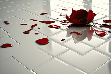 On the floor of white mirrors, crimson rose petals drop. a light background. Generative AI