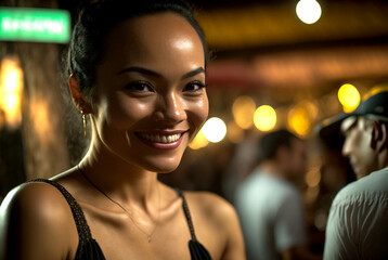 Fototapeta premium a beautiful young woman at the evening at a night market or in a club or bar or similar, smiling happy girl flirting, fictional person or place such as Thailand or Bali. Generative AI