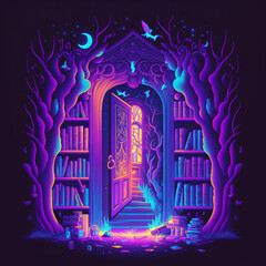 Neon Colorful Magical Library at Night Generative AI