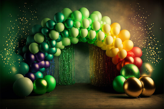 Green And Rainbow Balloon Archway, Backdrop