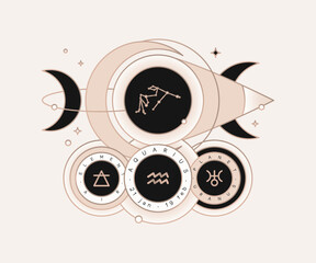Obraz premium AQUARIUS zodiac horoscope constellation astrology label with element, planet icon glyph. Thin line sign symbol art design vector illustration