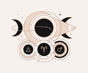 Fototapeta premium ARIES zodiac horoscope constellation astrology label with element, planet icon glyph. Thin line sign symbol art design vector illustration