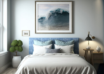 mock up frame in a bedroom with sea themed furnishings and decor, coastal design,. Generative AI - obrazy, fototapety, plakaty
