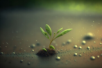 In the rain, a green seedling is sprouting on the ground. Generative AI