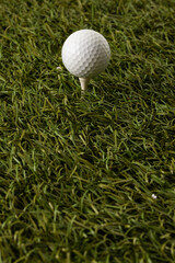 White golf ball on golf tee on grass with copy space