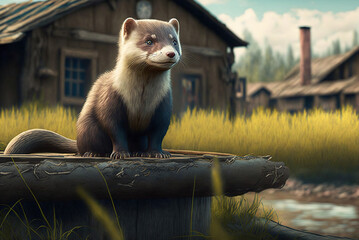 A few cute ferrets on a country farm, pictorial illustration. Ai generated
