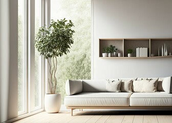 Beige living room interior with sofa on hardwood floor. Shelf with minimal decor on background, panoramic window on tropics. Mockup copy space wall. Generative AI