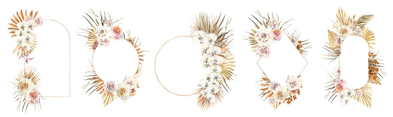 Watercolor boho gold dried flowers frames illustration set.Composition,wreath with leaves, flowers, palm, pampas, roses,orchid. Bohemian modern wedding frames,wreath, greeting card invitation © Catherine