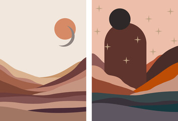 Mid century wall art poster, boho frame art. Modern Abstract Wall Art Set with Geometric Shapes, Moon, dark,sun, Mountain Landscape. Walley, Abstract Boho Wall Art Print. Bohemian Wall Decor.